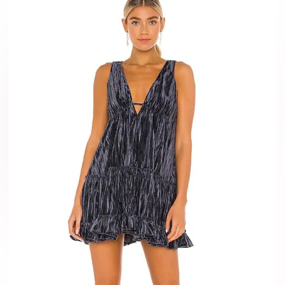 Free People Pleated Plush Swing Dress in Rare Night Navy Blue Velour
